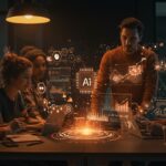 Fundadores de startups colaborando con inteligencia artificial y herramientas no-code para la estrategia empresarial en LATAM 2026.