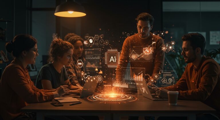 Fundadores de startups colaborando con inteligencia artificial y herramientas no-code para la estrategia empresarial en LATAM 2026.