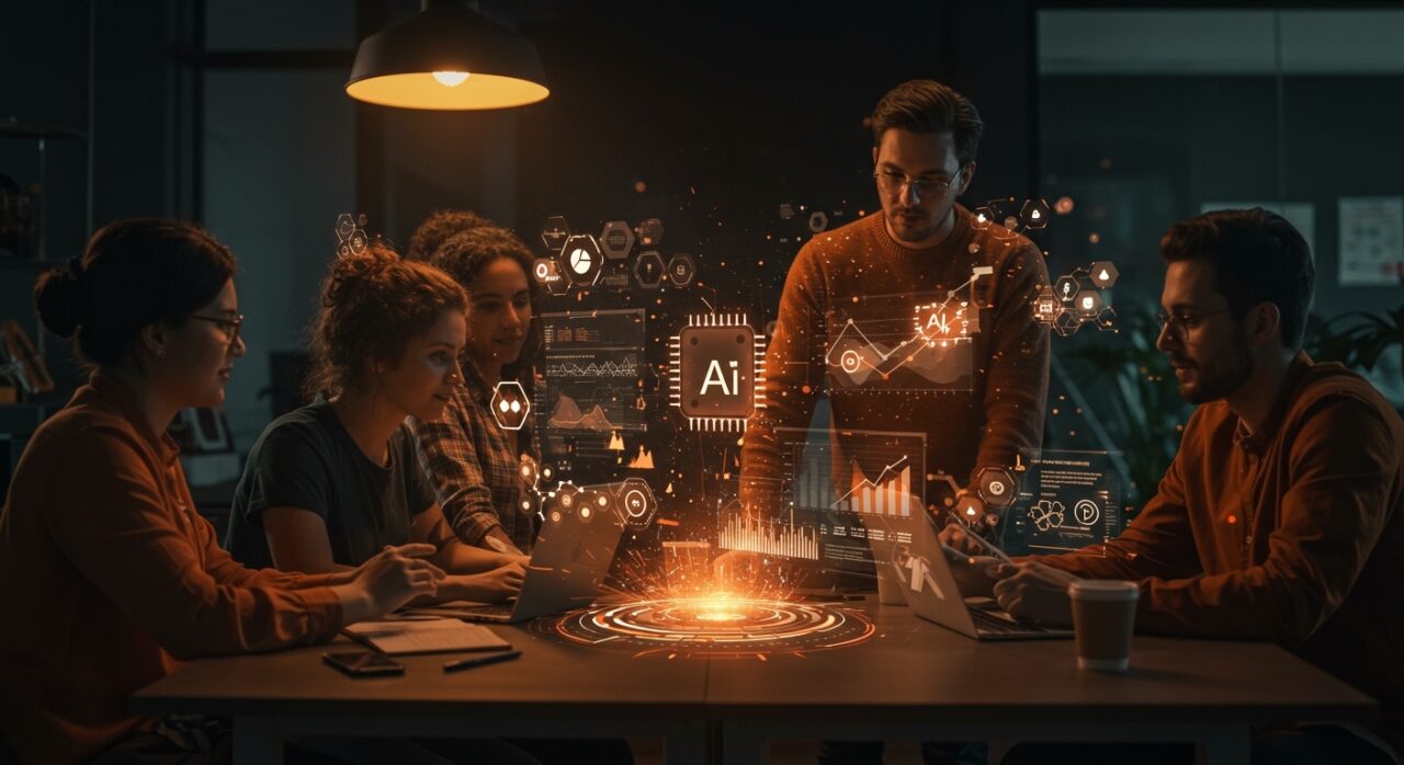 Fundadores de startups colaborando con inteligencia artificial y herramientas no-code para la estrategia empresarial en LATAM 2026.