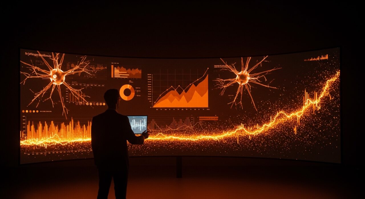 Ejecutivo frente a pantalla digital con gráficos de IA reflejando el bajo retorno de inversión en proyectos de inteligencia artificial empresariales según Gartner.