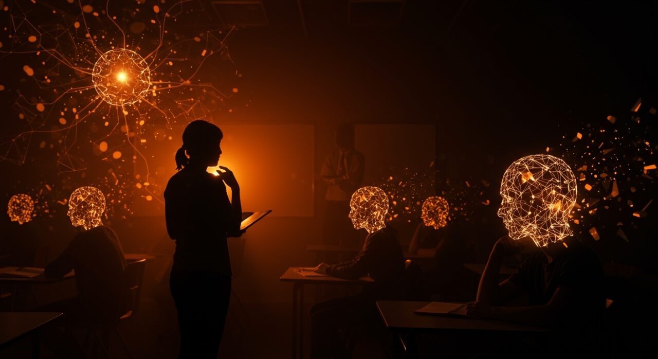 Impacto de la IA en educación y pensamiento crítico con metáfora visual de redes neuronales fragmentadas y aulas digitales en paleta Ecosistema Startup.