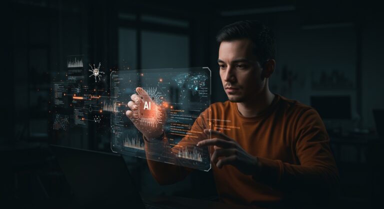 Fundador tecnológico revisando código editado por IA con alta eficiencia y mínima sobreedición en ambiente futurista.