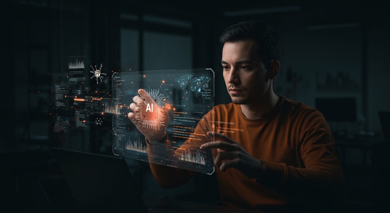 Fundador tecnológico revisando código editado por IA con alta eficiencia y mínima sobreedición en ambiente futurista.