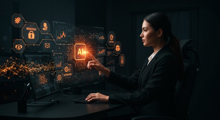 Inteligencia artificial en compliance regulatorio automatizado para sectores fintech, salud y energía con interfaz holográfica innovadora.