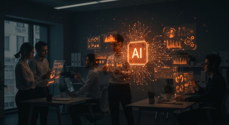 Empresas utilizando inteligencia artificial para automatización avanzada y toma de decisiones estratégicas en un entorno empresarial competitivo.