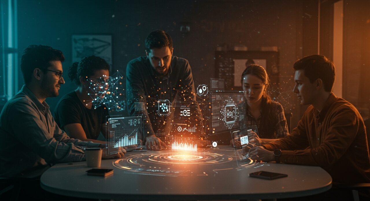 Colaboración de founders de startups en LATAM usando herramientas no-code de inteligencia artificial para estrategia y automatización empresarial en 2026.