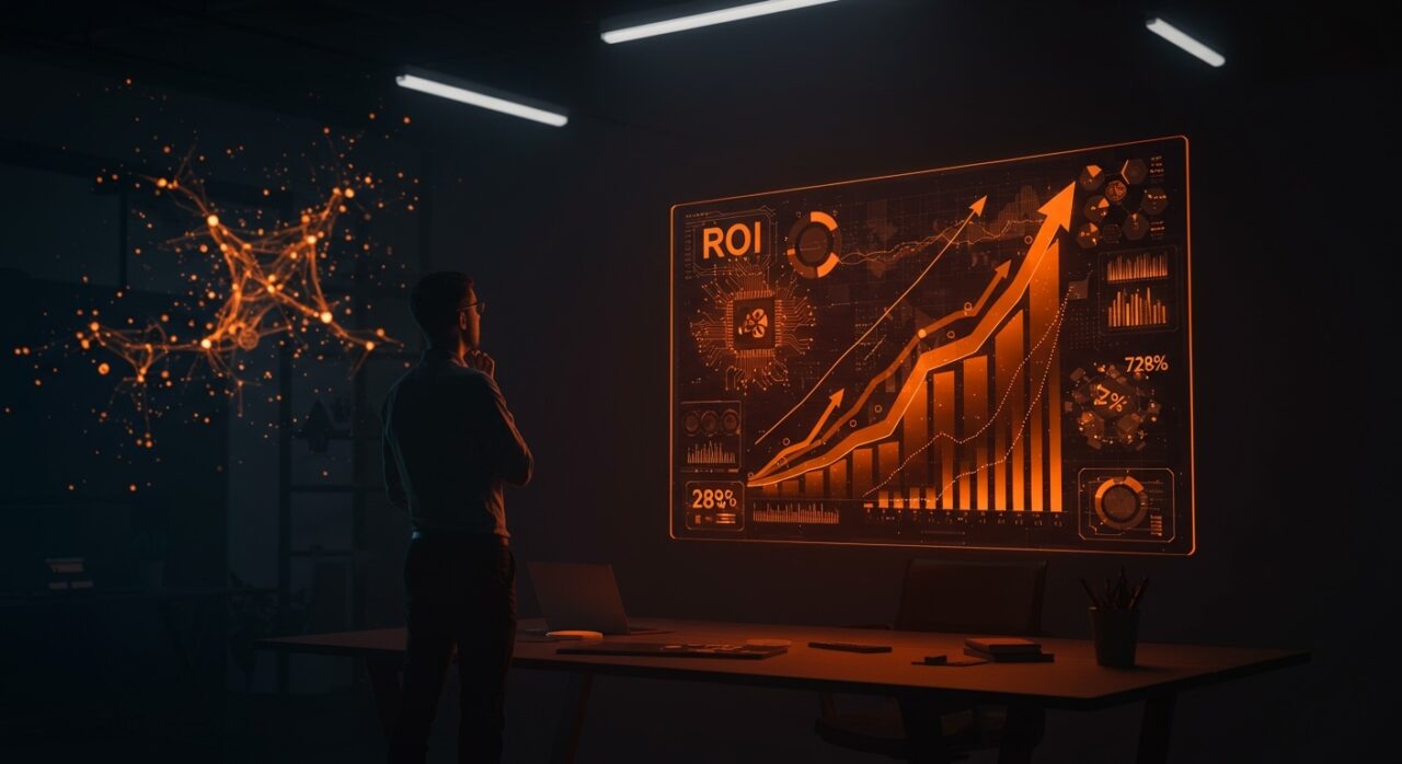 Founder analizando gráficos de retorno de inversión en inteligencia artificial en empresas, destacando el bajo éxito de proyectos IA según Ecosistema Startup.