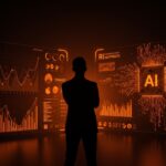 Fundador empresarial frente a interfaz digital futurista mostrando ROI y fallos en proyectos de inteligencia artificial para empresas.