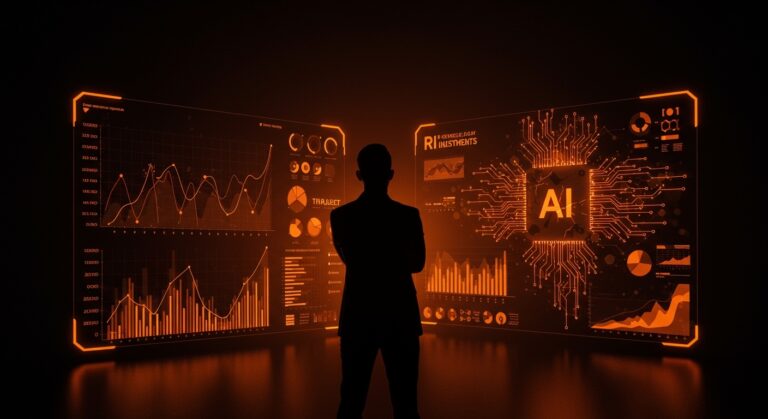 Fundador empresarial frente a interfaz digital futurista mostrando ROI y fallos en proyectos de inteligencia artificial para empresas.