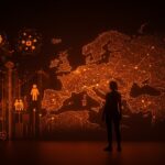 Fundadora tecnológica frente a un mapa digital de Europa con conexiones de inteligencia artificial, simbolizando el liderazgo y ecosistema de IA en Europa según Mistral AI.