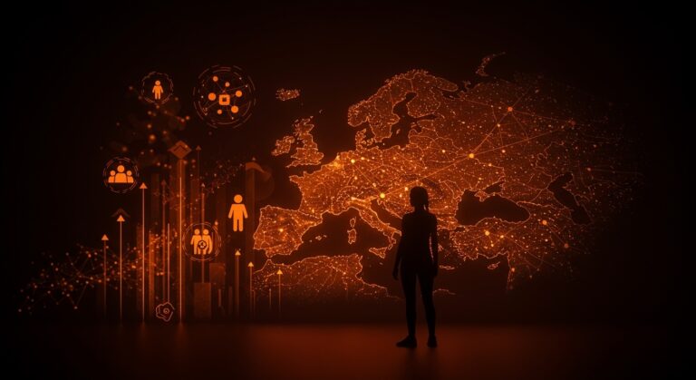 Fundadora tecnológica frente a un mapa digital de Europa con conexiones de inteligencia artificial, simbolizando el liderazgo y ecosistema de IA en Europa según Mistral AI.