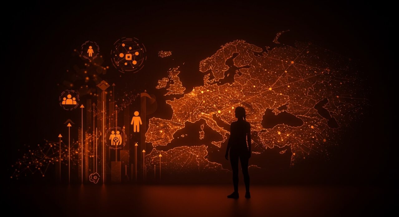Fundadora tecnológica frente a un mapa digital de Europa con conexiones de inteligencia artificial, simbolizando el liderazgo y ecosistema de IA en Europa según Mistral AI.
