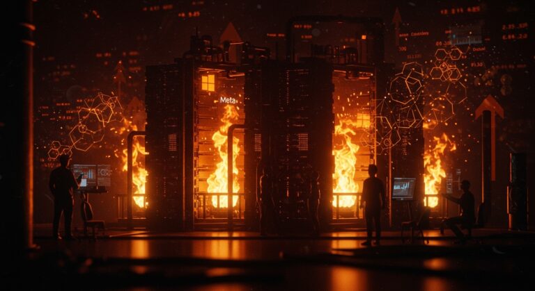 Data center de IA impulsado por gas natural con símbolos de Meta, Microsoft, Google y startups LATAM analizando riesgos y oportunidades energéticas.