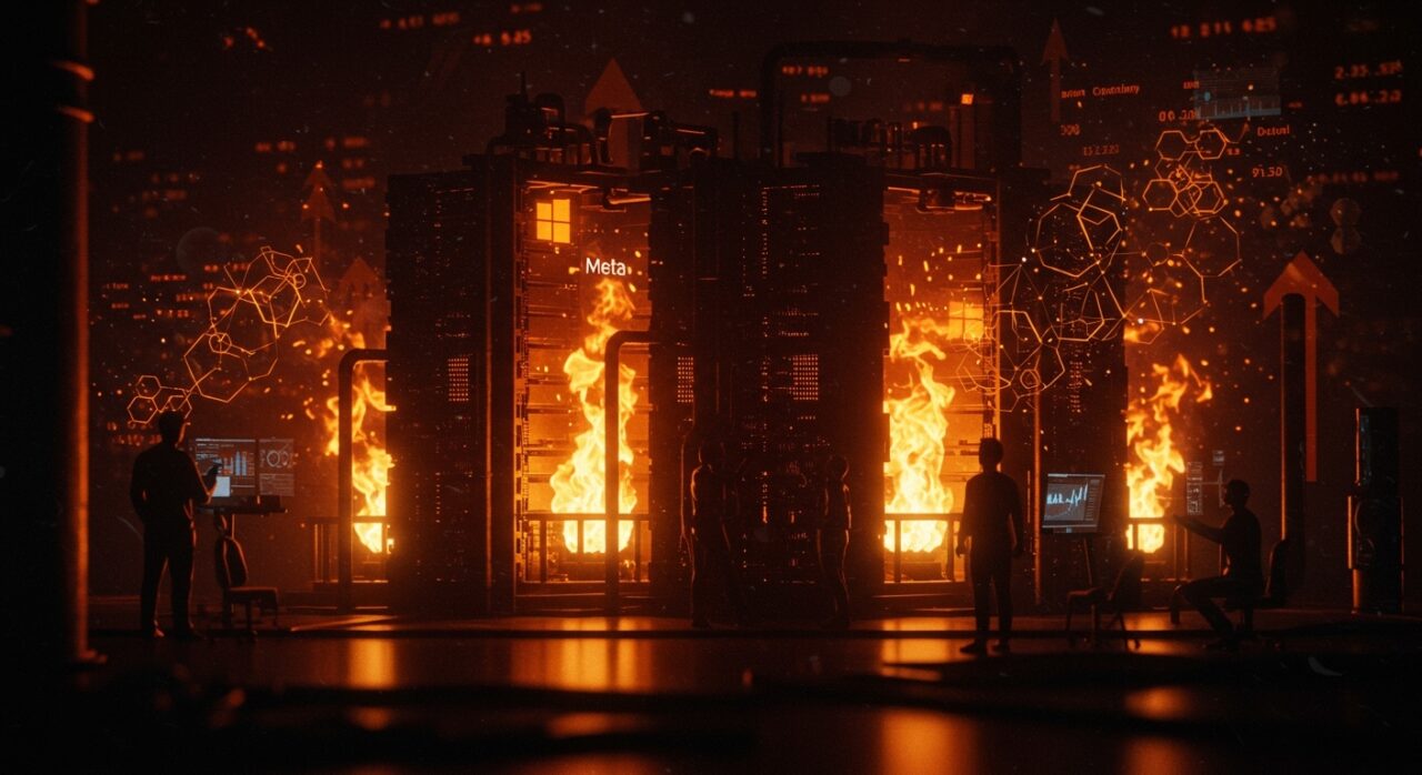 Data center de IA impulsado por gas natural con símbolos de Meta, Microsoft, Google y startups LATAM analizando riesgos y oportunidades energéticas.