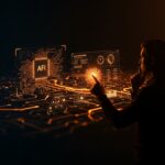 Ética en inteligencia artificial representada por un emprendedor interactuando con redes neuronales holográficas y marcos de gobernanza en un entorno oscuro con patrones tecnológicos naranja y negro.