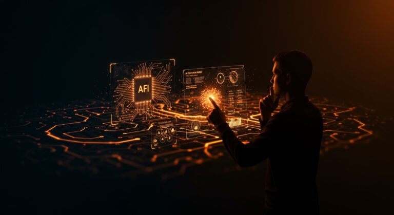 Ética en inteligencia artificial representada por un emprendedor interactuando con redes neuronales holográficas y marcos de gobernanza en un entorno oscuro con patrones tecnológicos naranja y negro.