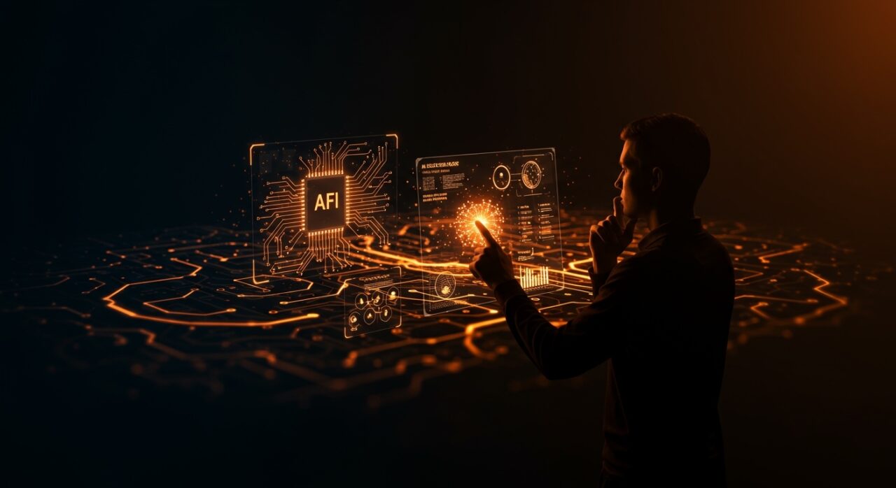 Ética en inteligencia artificial representada por un emprendedor interactuando con redes neuronales holográficas y marcos de gobernanza en un entorno oscuro con patrones tecnológicos naranja y negro.