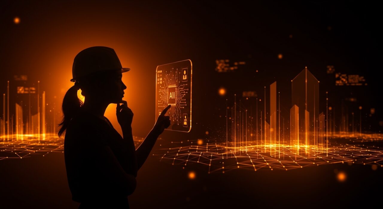 Ingeniera analizando interfaz digital que simboliza la ética en inteligencia artificial y responsabilidad en startups tecnológicas.