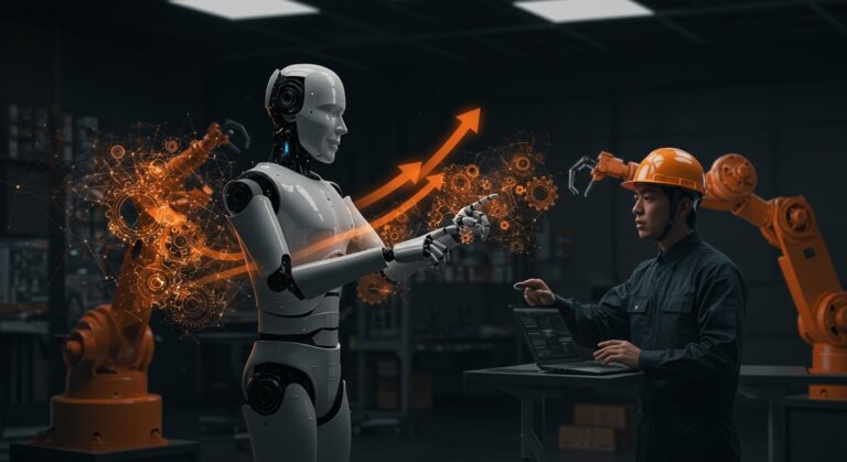 Robots y automatización con IA física en Japón representando soluciones a la escasez laboral en startups tecnológicas.