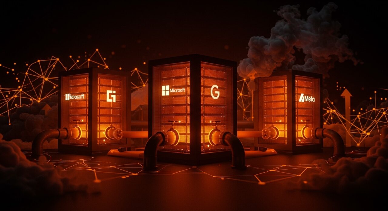 Centros de datos de inteligencia artificial impulsados por plantas de gas natural mostrando el dilema energético y sostenibilidad de Big Tech en 2026.
