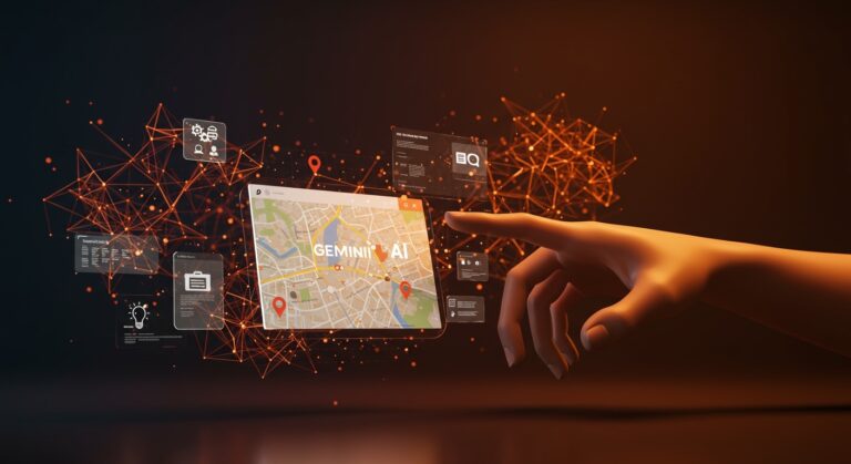 Interacción futurista con Google Maps potenciado por la IA Gemini para automatizar la planificación diaria y mejorar la experiencia de usuario.