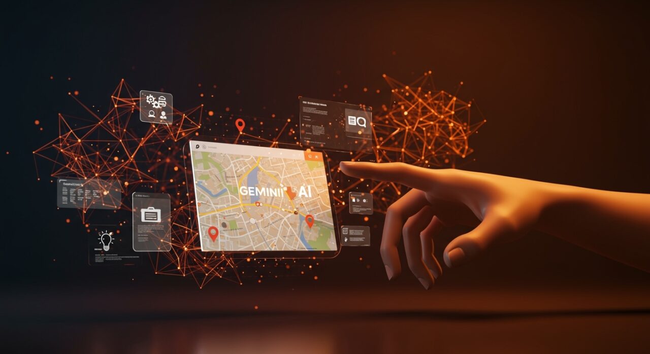 Interacción futurista con Google Maps potenciado por la IA Gemini para automatizar la planificación diaria y mejorar la experiencia de usuario.