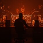 Imagen editorial de IA generativa y cibercrimen con dark LLMs y deepfakes en un entorno digital oscuro con elementos simbólicos de seguridad y fraude.