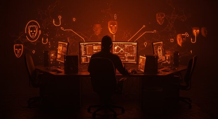 Imagen editorial de IA generativa y cibercrimen con dark LLMs y deepfakes en un entorno digital oscuro con elementos simbólicos de seguridad y fraude.