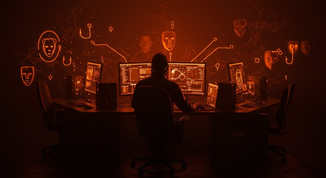 Imagen editorial de IA generativa y cibercrimen con dark LLMs y deepfakes en un entorno digital oscuro con elementos simbólicos de seguridad y fraude.