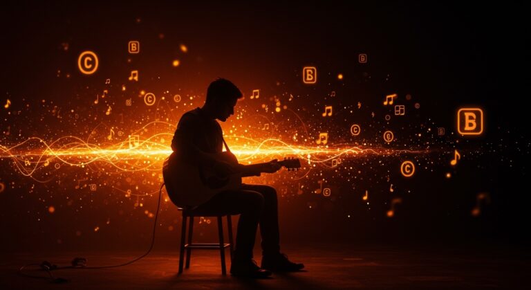 Músico folk contemplando desafíos de copyright ante la influencia de IA generativa, en un contexto tecnológico innovador.