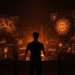 Fundador reflexionando sobre la adopción ética de IA generativa en startups tecnológicas, representado con interfaces holográficas y símbolos de inteligencia artificial empresarial.