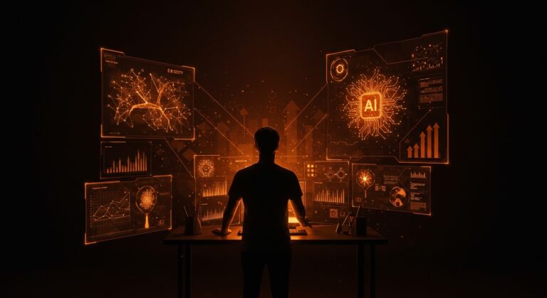 Fundador reflexionando sobre la adopción ética de IA generativa en startups tecnológicas, representado con interfaces holográficas y símbolos de inteligencia artificial empresarial.