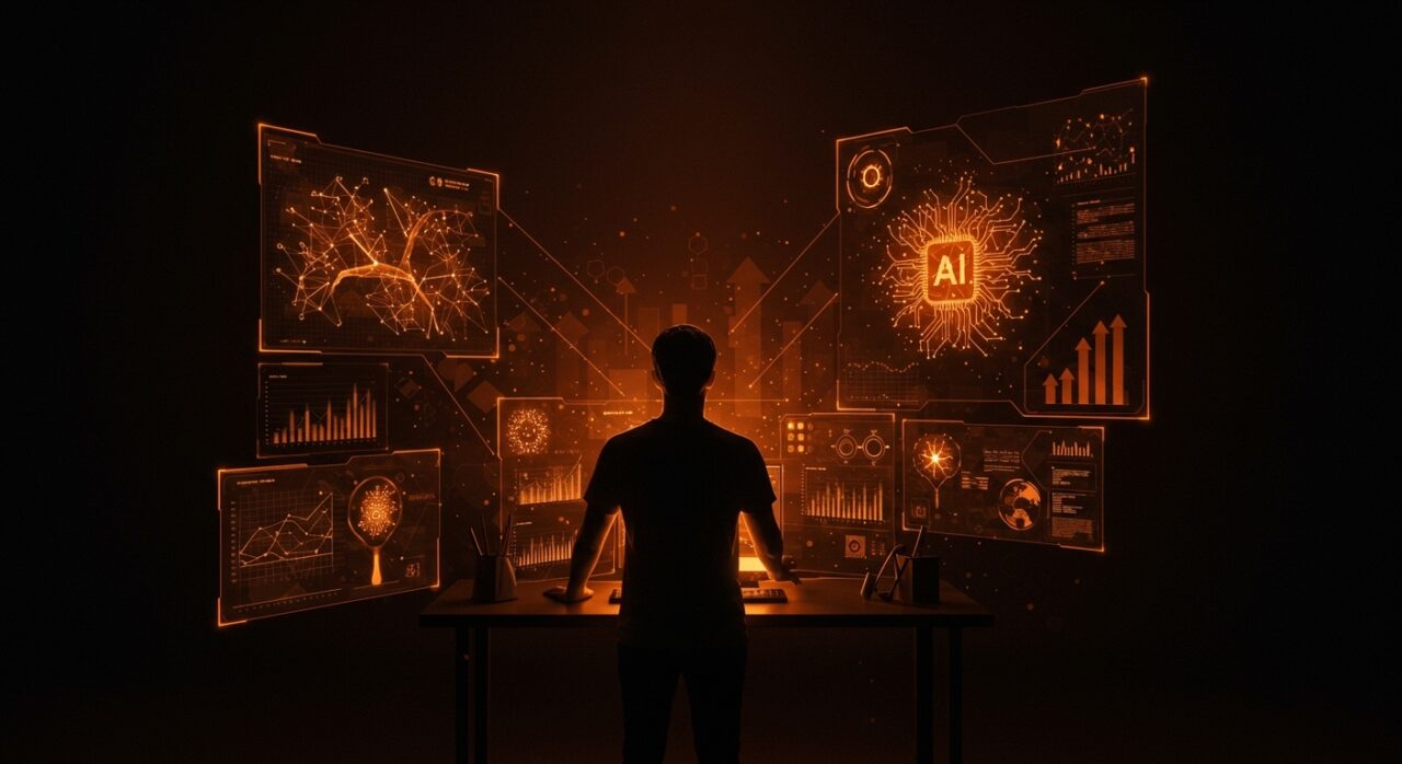 Fundador reflexionando sobre la adopción ética de IA generativa en startups tecnológicas, representado con interfaces holográficas y símbolos de inteligencia artificial empresarial.