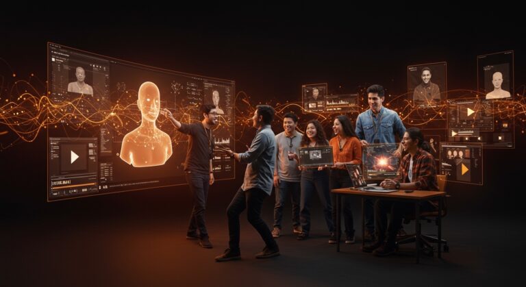 Video personalizado para startups LATAM con IA aplicada por Google Vids mostrando avatares digitales y automatización de contenido.