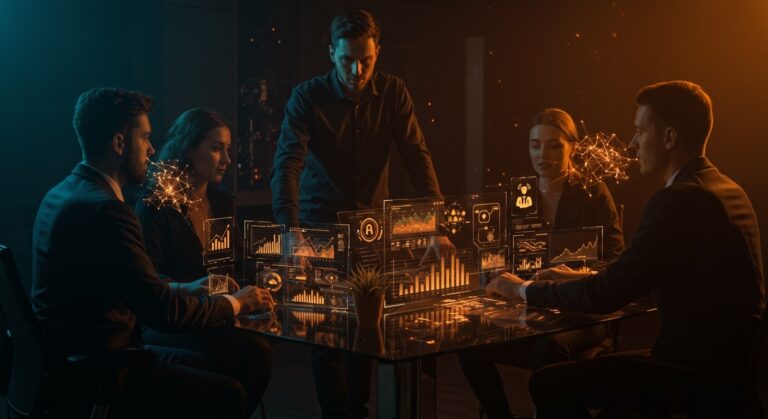 Equipo fintech utilizando IA híbrida para inversión financiera supervisada por humanos, innovando en startups de trading autónomo.