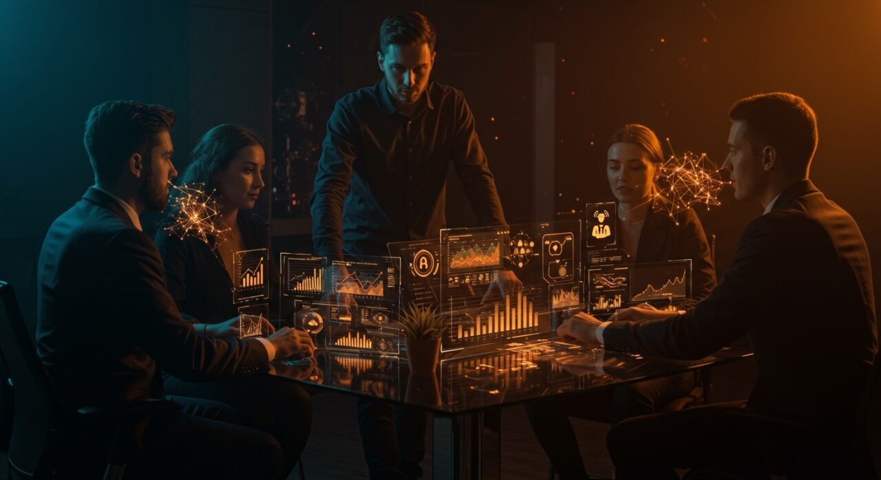 Equipo fintech utilizando IA híbrida para inversión financiera supervisada por humanos, innovando en startups de trading autónomo.