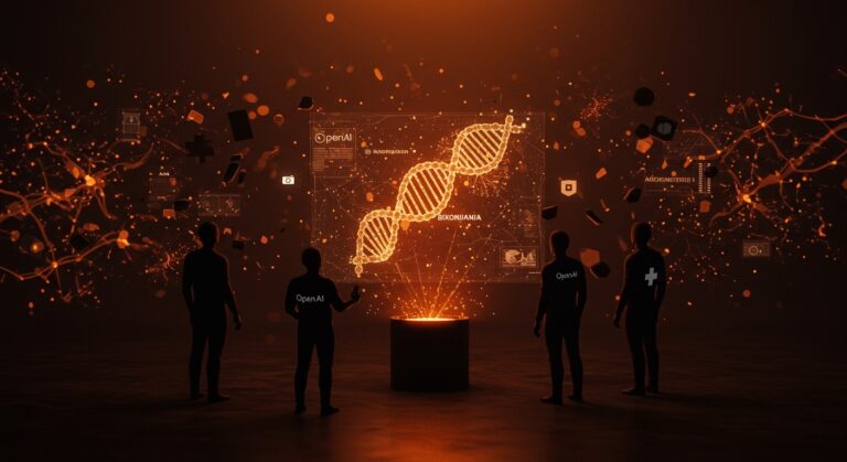 Representación visual de inteligencia artificial generando información médica falsa sobre bixinomia, mostrando riesgos de desinformación en salud y alucinaciones de modelos de lenguaje.