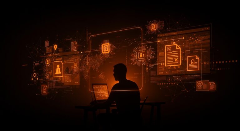 Startup founder interactuando con interfaz digital que muestra licenciamiento web y flujos de inteligencia artificial, reflejando retos y oportunidades en IA y licenciamiento.