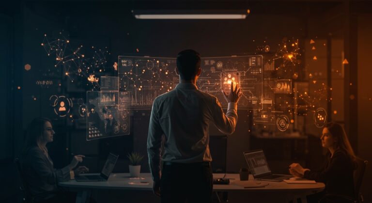 Gerente de startup en LATAM liderando con inteligencia artificial, mostrando transformación y gestión de equipos con IA.