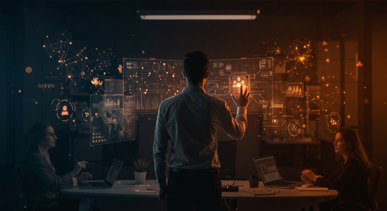 Gerente de startup en LATAM liderando con inteligencia artificial, mostrando transformación y gestión de equipos con IA.