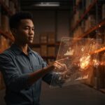 Inteligencia artificial en logística mostrando visualización digital y analítica predictiva en operaciones de cadena de suministro 2026.