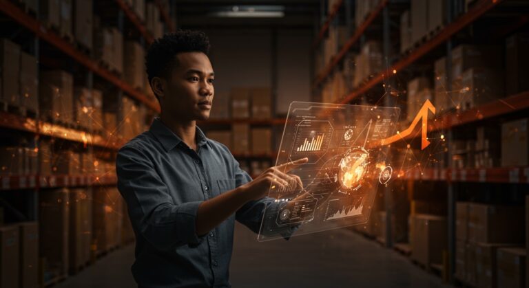 Inteligencia artificial en logística mostrando visualización digital y analítica predictiva en operaciones de cadena de suministro 2026.