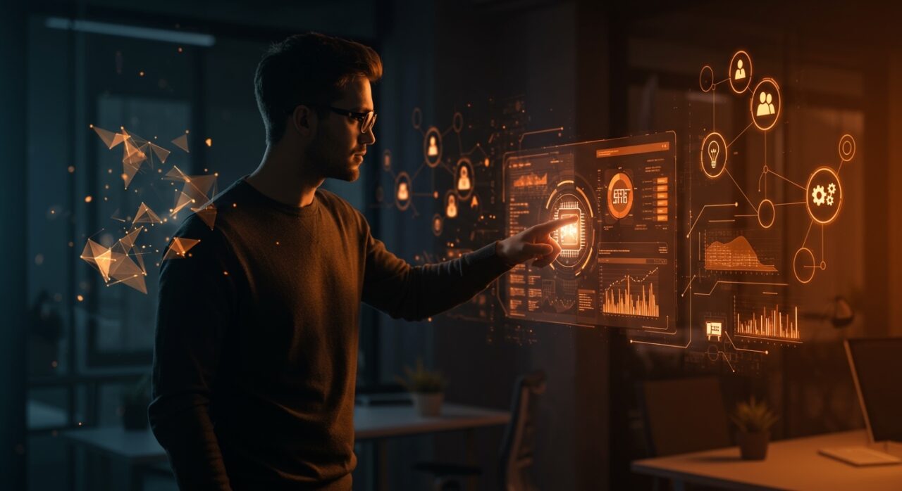 Founder trabajando con plataformas IA y Low Code para automatización empresarial avanzada en 2026.