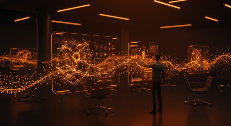 Automatización empresarial con inteligencia artificial y plataformas Low Code en un entorno futurista, destacando sistemas autónomos y procesos hiperautomatizados.