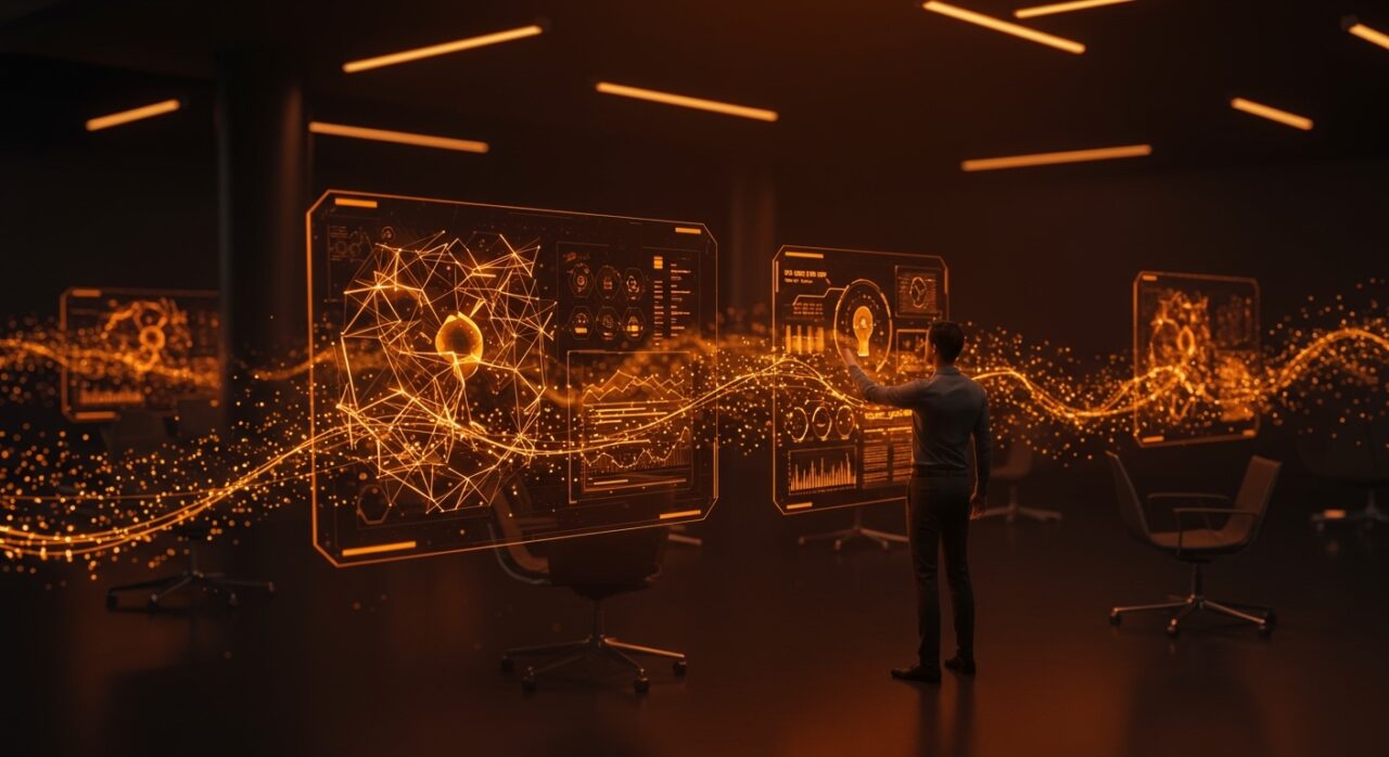 Automatización empresarial con inteligencia artificial y plataformas Low Code en un entorno futurista, destacando sistemas autónomos y procesos hiperautomatizados.