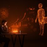 Fundador tecnológico trabajando con inteligencia artificial que aumenta la productividad pero reduce el pensamiento crítico, ilustrado con metáforas de redes neuronales y modelo centauro.