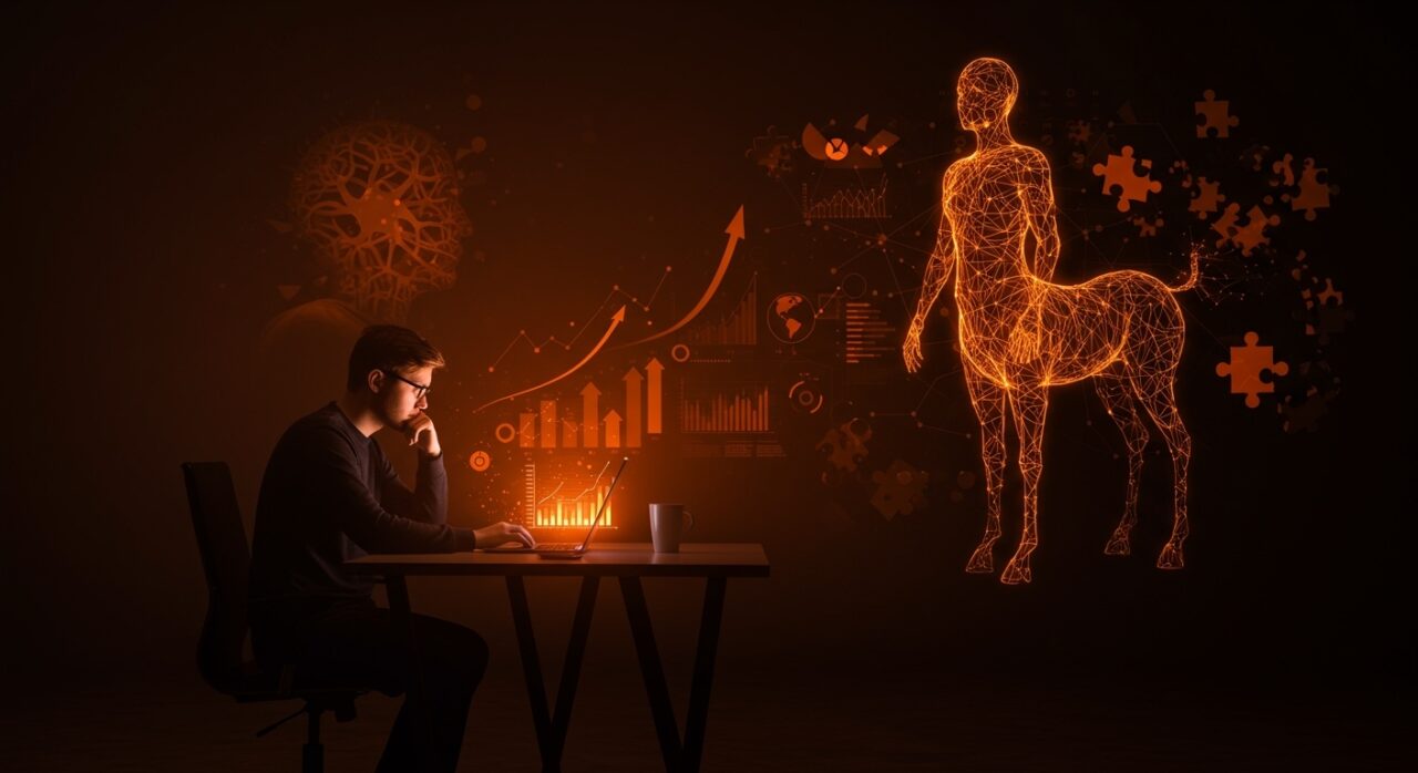 Fundador tecnológico trabajando con inteligencia artificial que aumenta la productividad pero reduce el pensamiento crítico, ilustrado con metáforas de redes neuronales y modelo centauro.