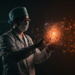 Médico usando IA en salud con interfaz digital que representa privacidad y sesgos en datos médicos en España.