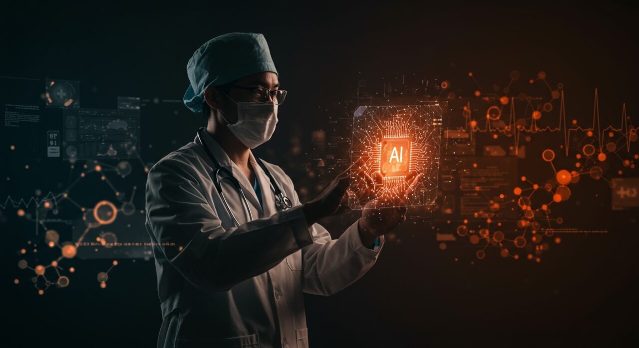 Médico usando IA en salud con interfaz digital que representa privacidad y sesgos en datos médicos en España.