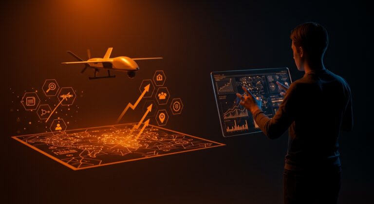 Mercado de IA militar de 21.600 millones en 2026 ilustrado con drones autónomos y un fundador tecnológico supervisando oportunidades y riesgos regulatorios.